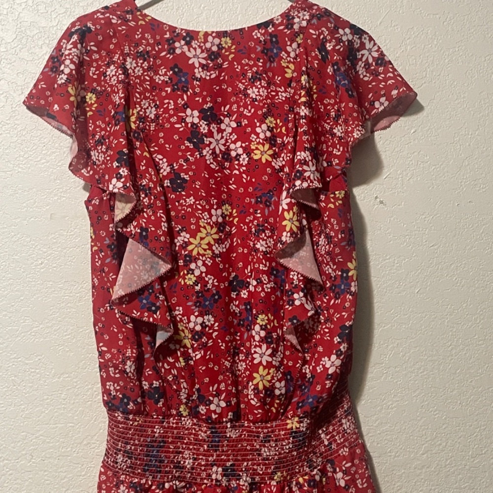 PARKER Red Scialla Ruffled Floral Smocked Waist Surplice Dress SZ L - Picture 6 of 8